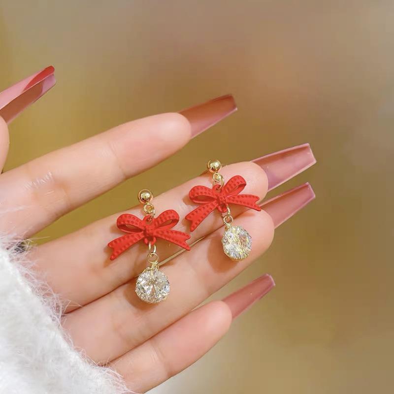 Fashion Atmospheric Red Velvet Bow Earrings Femininity Sweet Flower Long Fringed Versatile Earrings
