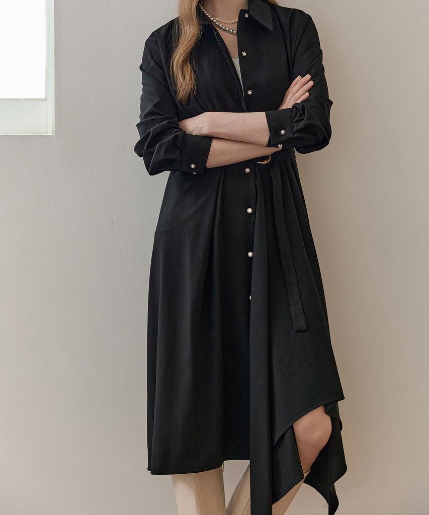 MAXZA Asymmetrical Drape Belted Shirt Dress