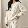 2026 Fall Winter V Neck Twist Knit Sweater Loose Soft Solid Color Pullover Women