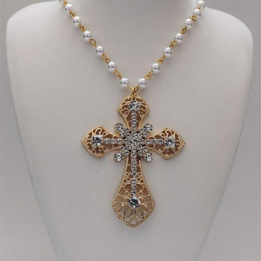 Victorian Gothic Punk Cross Necklace - Large White Pearl Vampire Pendant Diamond Jewelry