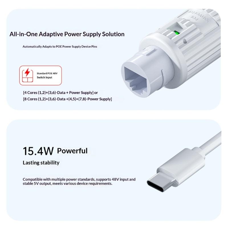 Type C POE Splitter 48V to 5V Power Converter 100Mbps Data for Security Cameras High Efficiency Voltages Conversion