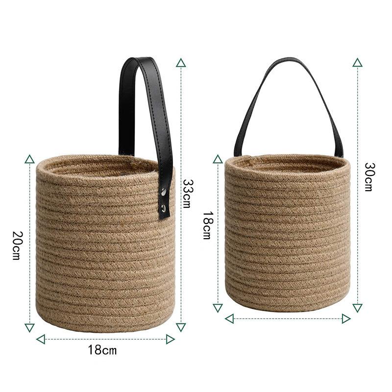 Hanging Cotton Rope Storage Basket Boho Woven Wall Basket with Leather Handle for Plants Towels Toys Rustic Home Decor Organizer