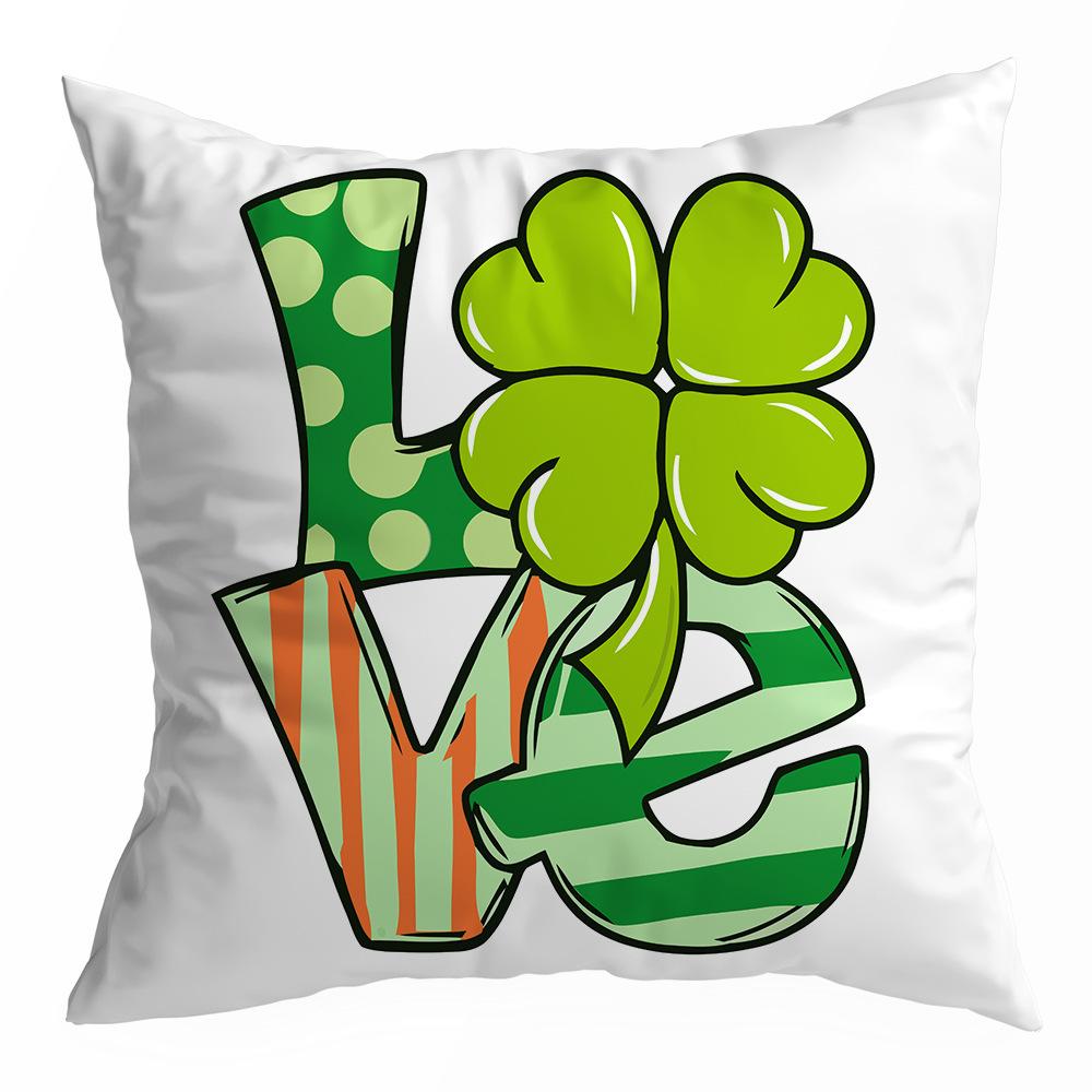 St. Patrick's Day Peach Skin Velvet Pillowcase, Green Four-leaf Clover Printed Sofa Pillow Cushion