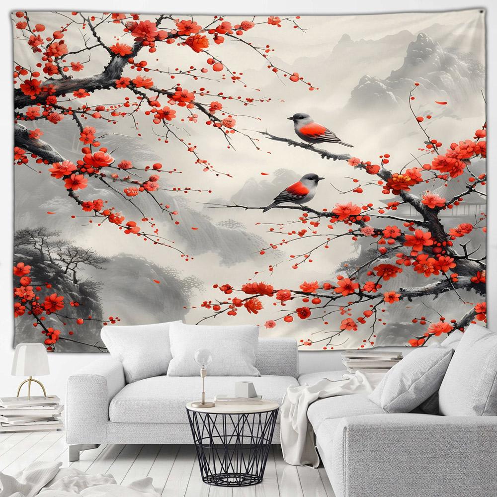 Japanese Landscape Tapestry Pink Cherry Blossom Flowers Misty Mountain Asian Scenery Home Living Room Bedroom Decor Wall Hanging