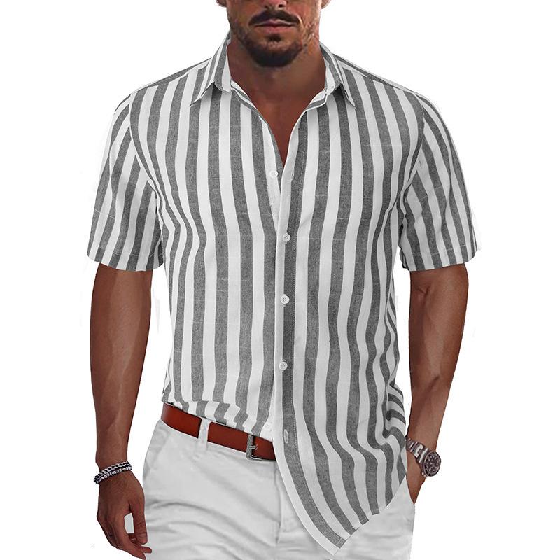 Men Casual Striped Short Sleeve Outdoor Beach Hawaiian Shirt