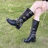2024 Trendy New Metal Belt Buckle Design Punk Style Zapatilla Black PU Leather Thick Bottom Thick Heel Women's Motorcycle Boots