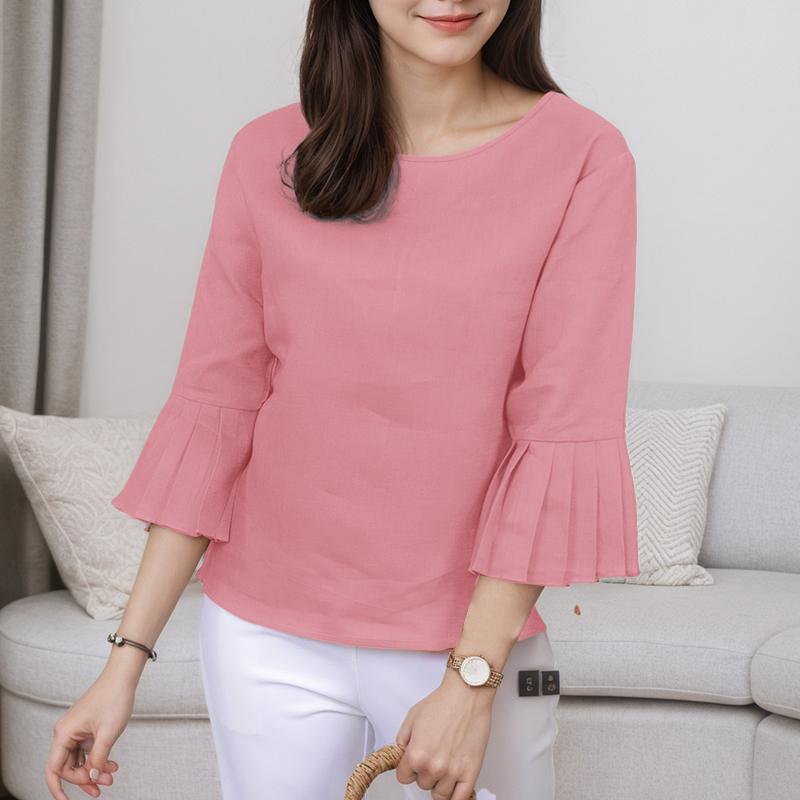 

ZANZEA Женская повседневная блузка с круглым вырезом, свободного кроя, однотонная, с рукавами 3/4 S розовый