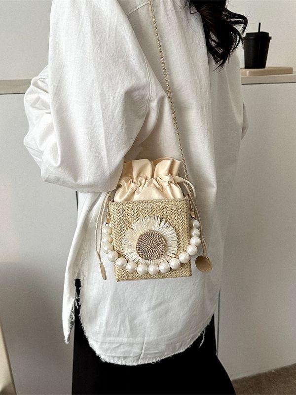 Trendy Woven Crossbody Bag With Pearl Embellishments For Girls