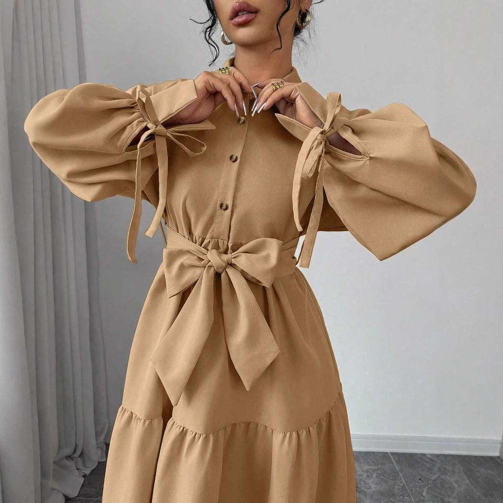 JKASHDK Damenmode Frühling Herbst Einfarbig Druck Langarm Polokragen Hohe Taille Freizeitkleider