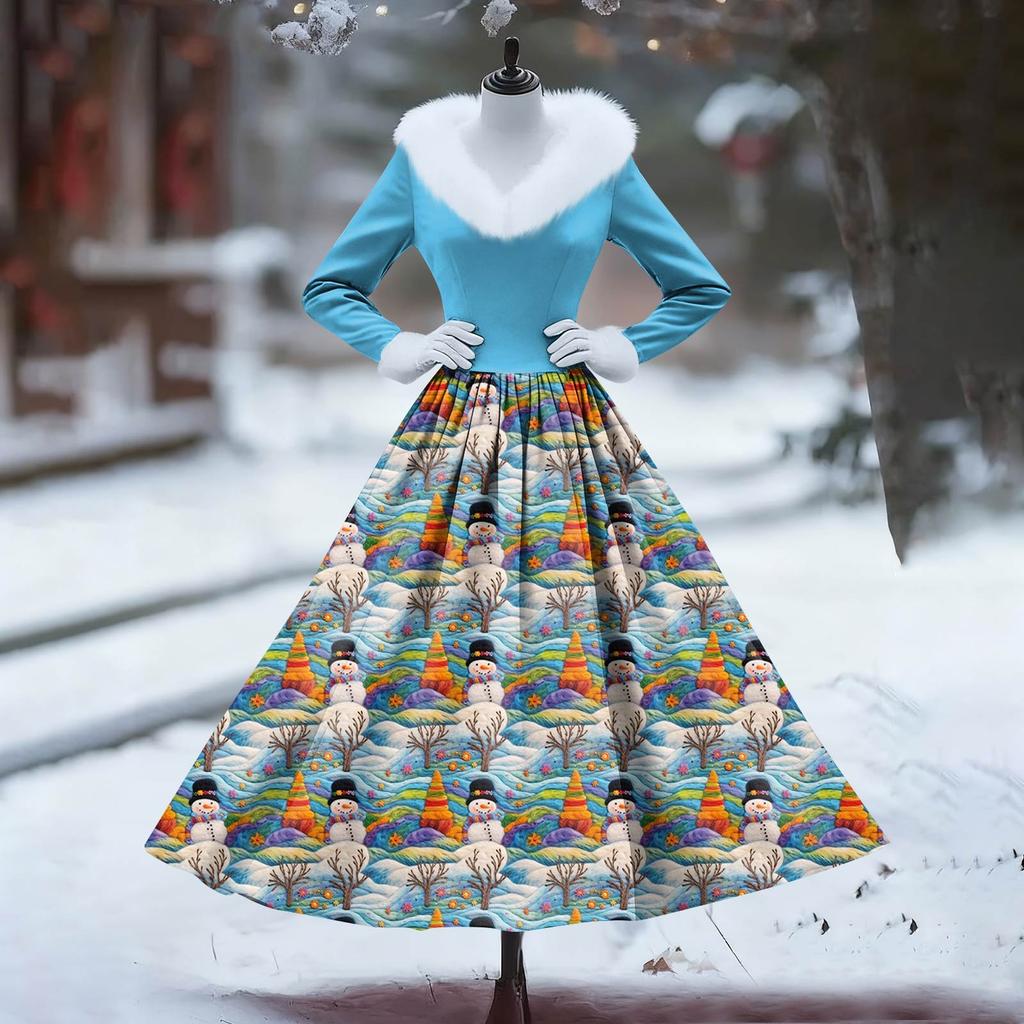 Women's Casual Dress Long-Sleeve V-Neck Patchwork Fleece Christmas Print Dress