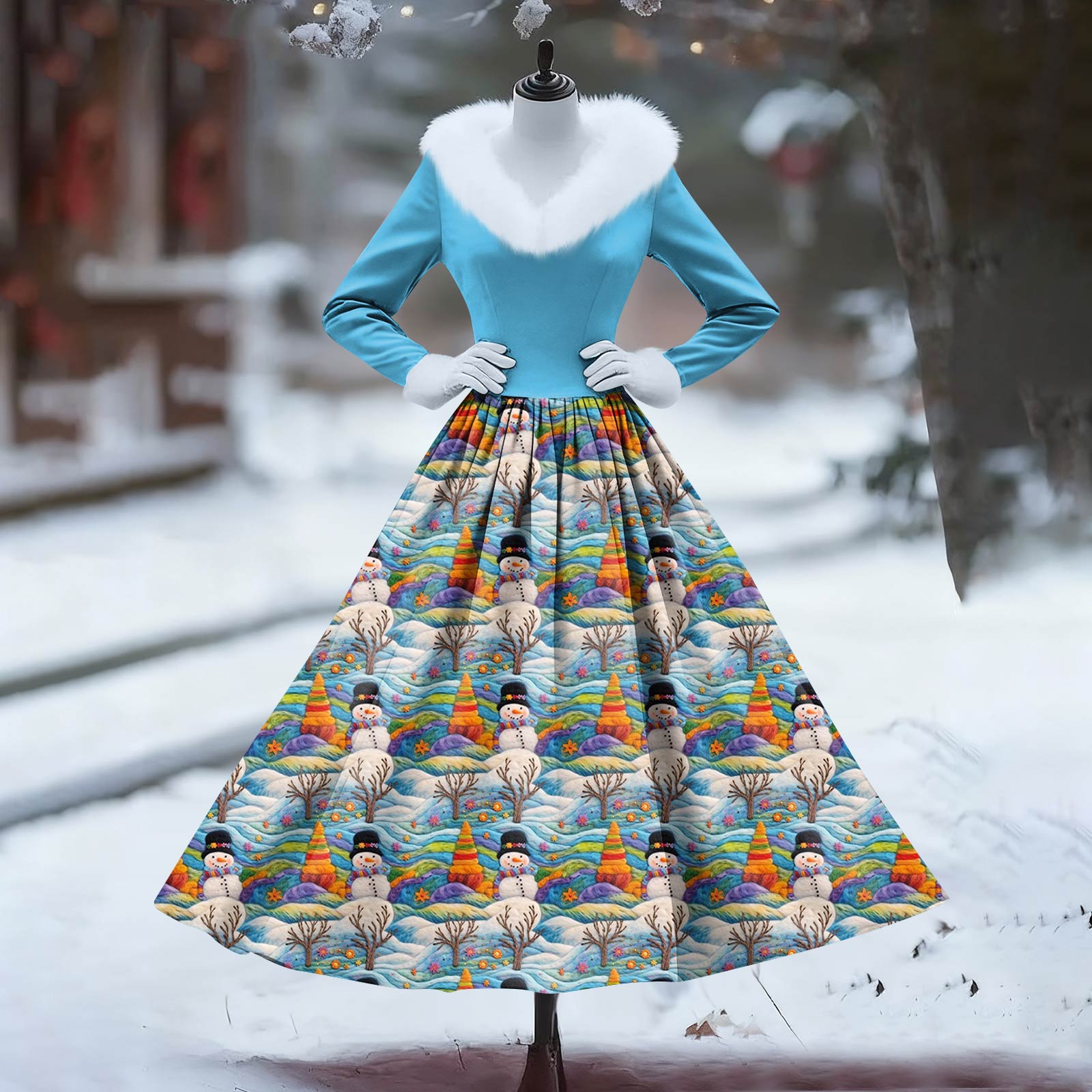 

Женское повседневное платье с длинным рукавом, V-образным вырезом, лоскутным флисом и рождественским принтом XXL