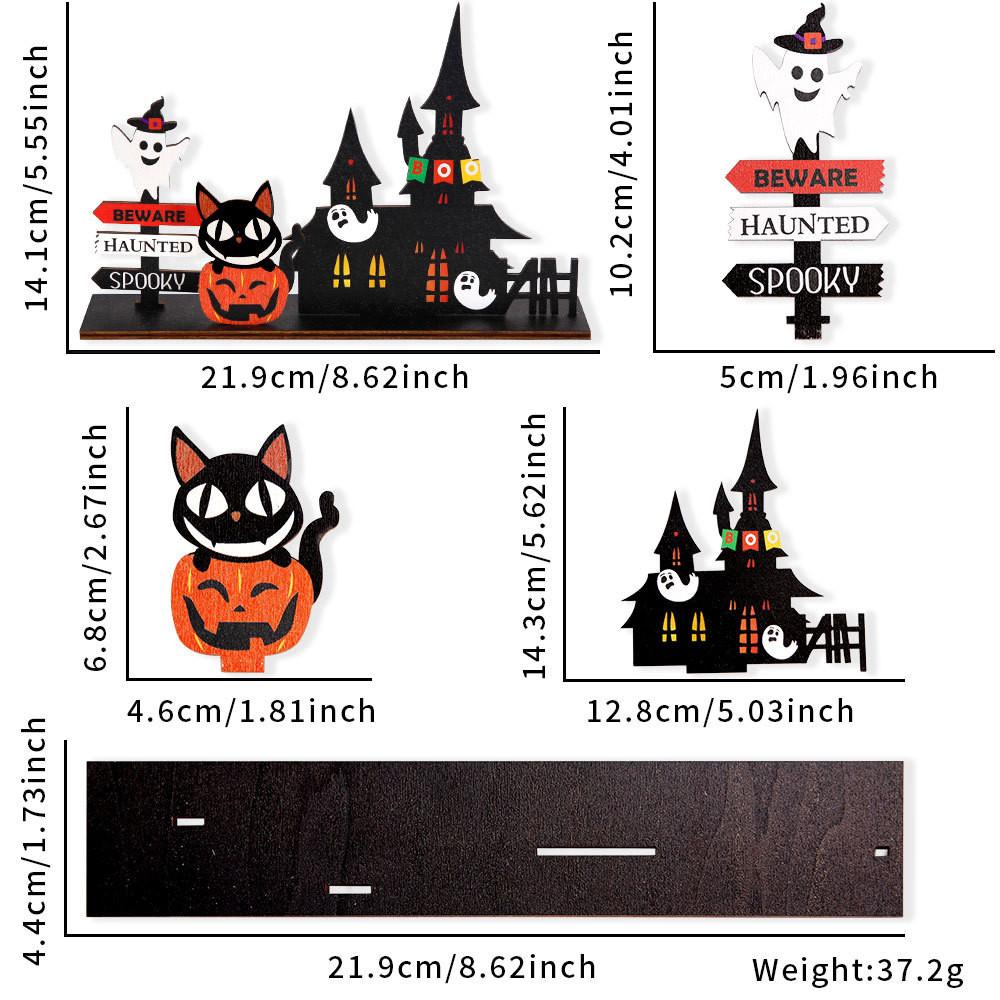Festive Halloween Wooden Castle Tabletop Decor With Colorful Pumpkins And Ghosts