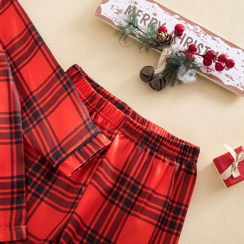 2025 Christmas Plaid Pajama Set for Family: Cartoon Lapel Top + Pants Two-Piece Set for Men, Women, and Children