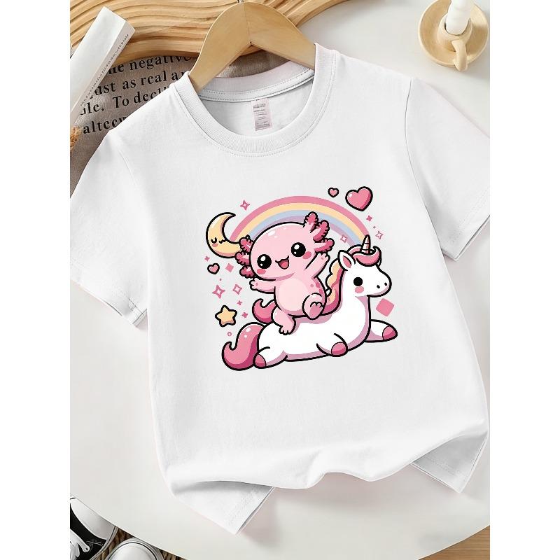 European sizes Cute and Versatile Teen T-Shirt, Adorable Axolotl Print Pattern, Comfortable Unisex Style for Boys and Girls, Casual Versatile Top