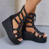 Fashion Slope Heel Sandals Summer New Round Head Thick Bottom Front Lacing Hollow Bag with Anti-slip Wear-resistant High Heels