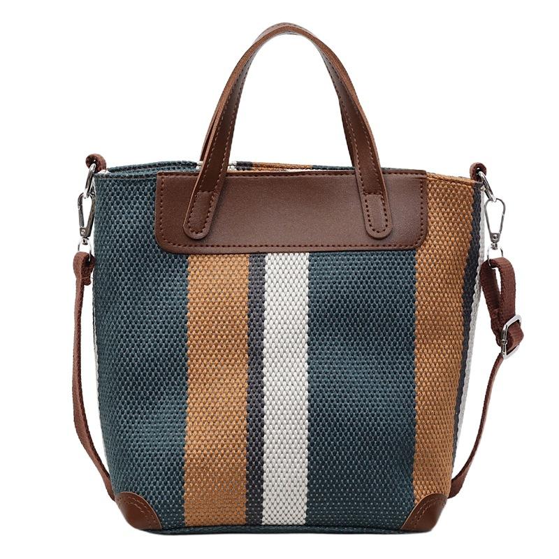 Large-capacity Contrasting Striped Canvas Bag, Women's 2025 Summer New Fashion and Leisure, Foreign Style Messenger Bucket Bag
