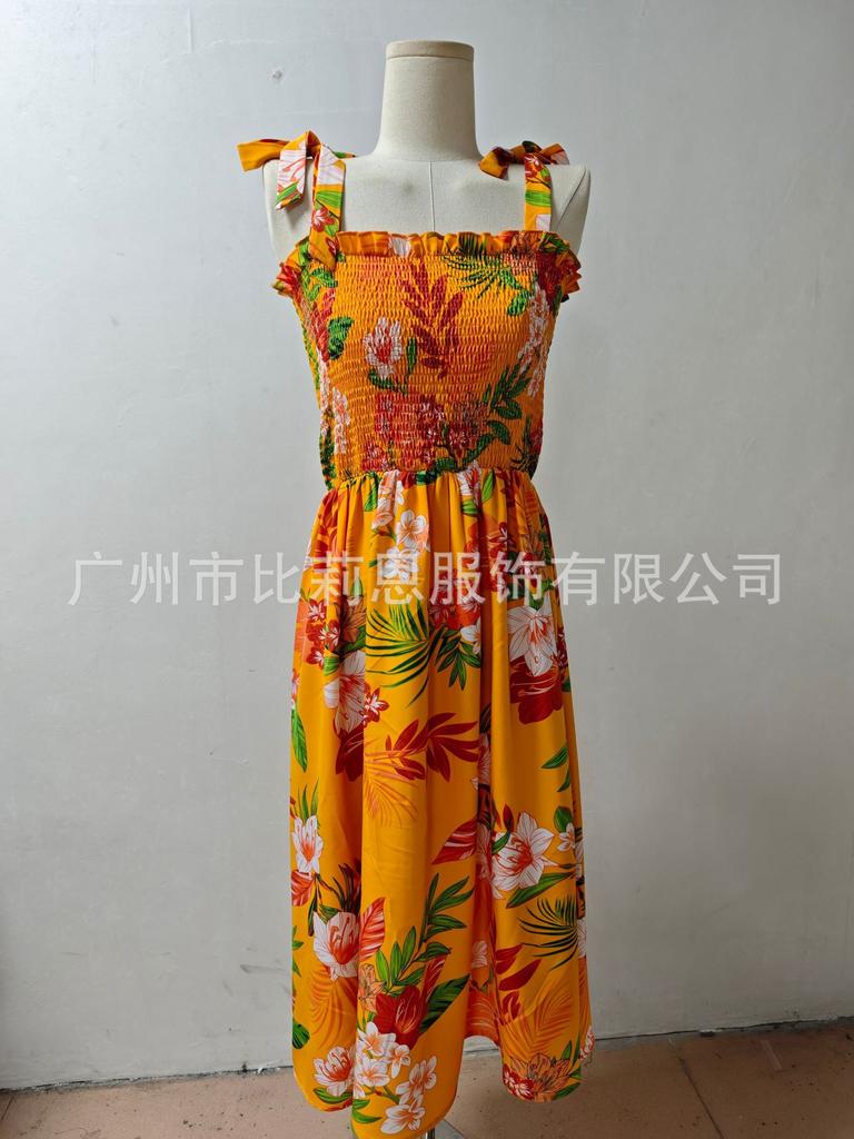 2025 European and American flowers lace up waist suspender skirt vacation beach dress women's backless design literary and retro style
