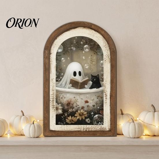 Cute Ghost Decoration Arch Wooden Sign, Halloween Table Rustic Farmhouse Arched Sign Shelf Decor, Decorative Wall Art for Mantel Living Room