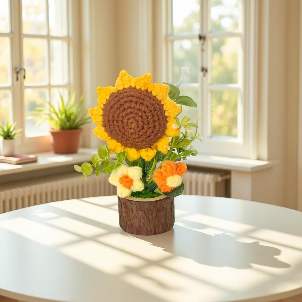 Handmade Crochet Sunflower Bouquet in Pot-Charming Knitted Creative Mini Flower Bouquet,Forever Blooming Home Desktop Decor or Gift for