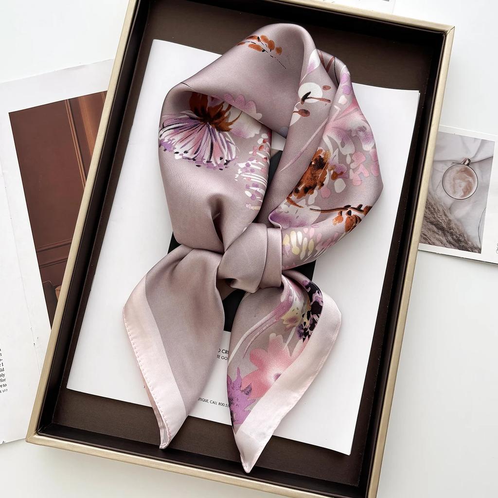 New Luxury Floral Print 70*70cm Satin Square Scarf Women Soft Hairband Neckerchief Tie Female Headband Foulard Bag Ribbon
