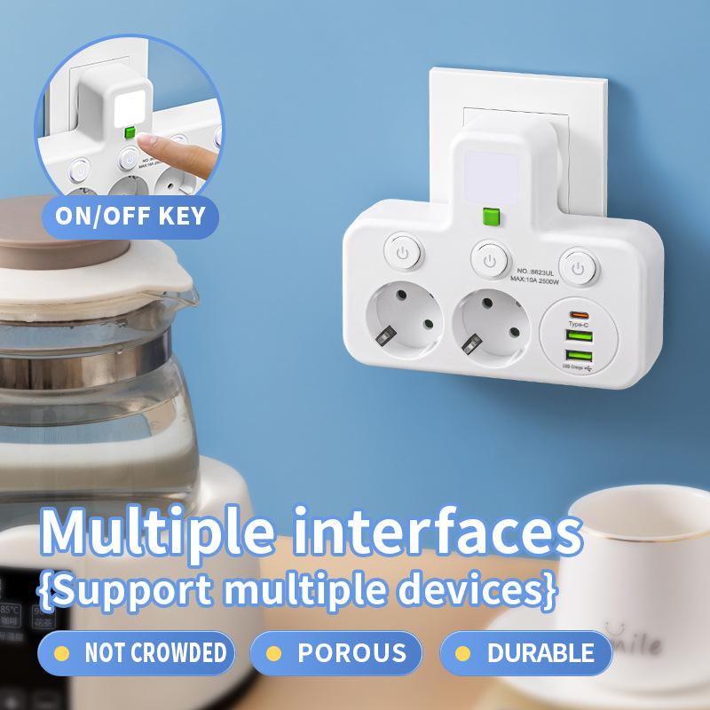 EU Power Strip - AC Sockets, USB & Type-C, 2 Versions Available, Individual Switches + Small Night Light