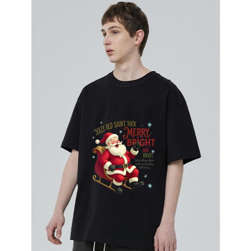 Christmas T Shirt Black Santa Claus Sleigh Print with Merry Bright Text for Holiday Season