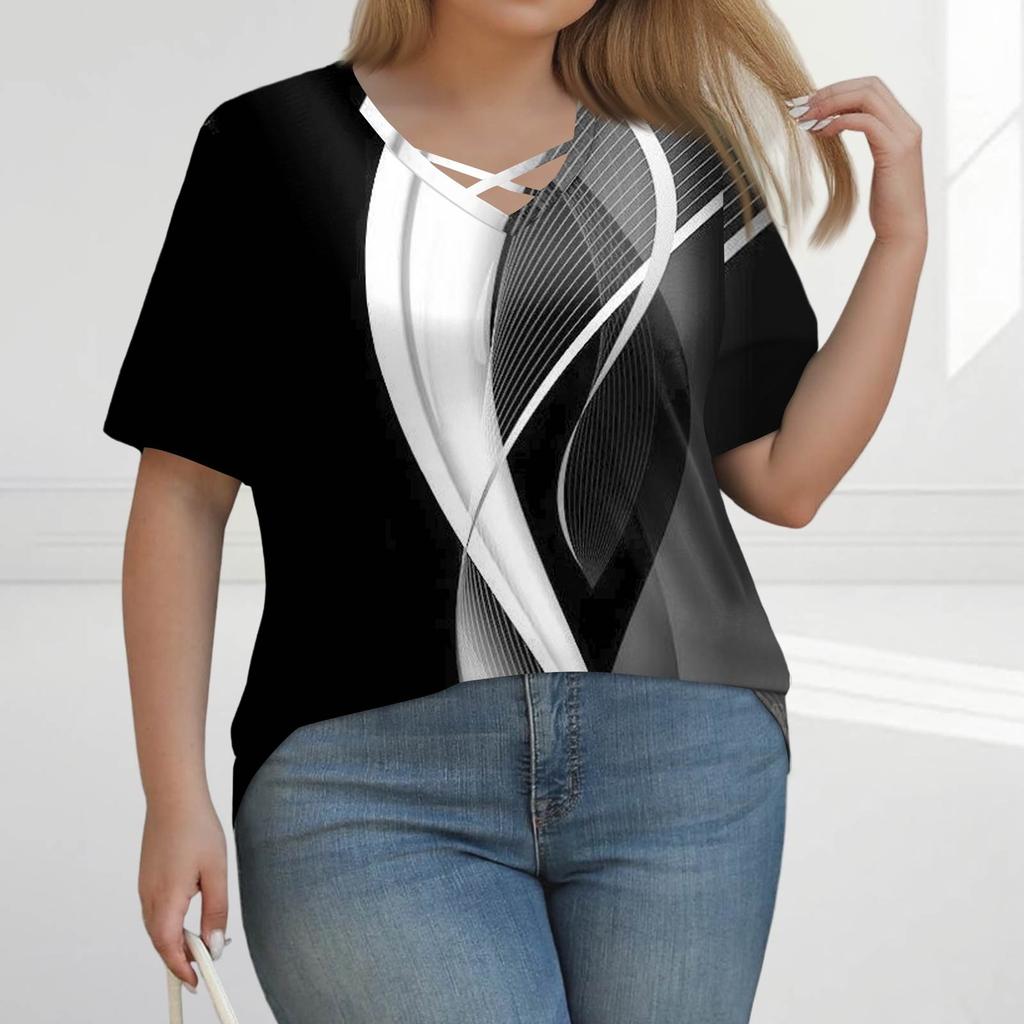 Women's Fashion Casual Solid Colour Stripe Printed V-Neck Short Sleeve Large Size T-Shirt Top