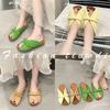 Handwoven Flat-bottomed Slippers Women's Summer Outer Wear One-word Slippers Fish Mouth Leather Slippers 2025 New Round Head Flat Bottom