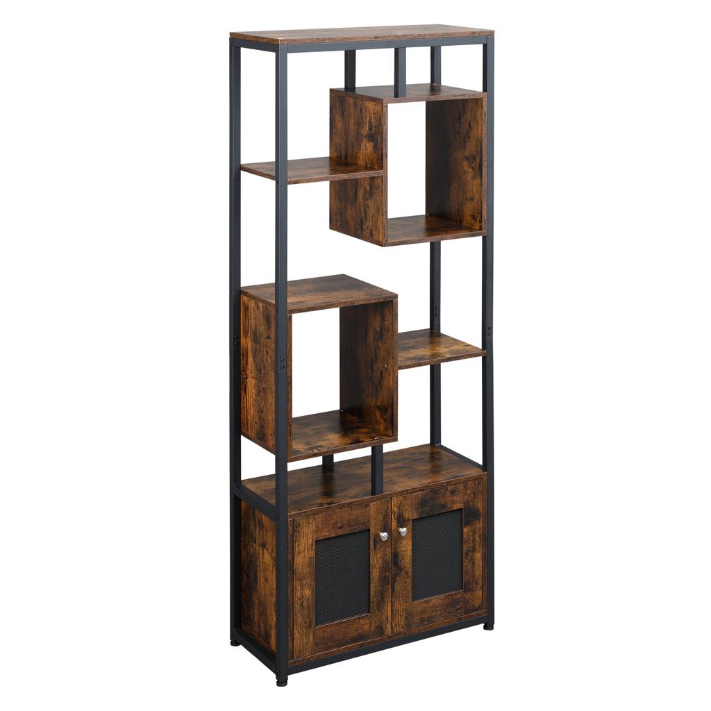 Bookcase Shelf Unit In Industrial Style with 2-Door Cabinet, Space-Saving 8-Shelf Unit for Home and Office, 70x30x180cm, Brown