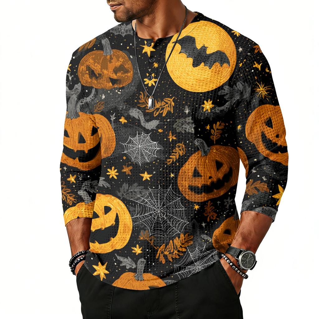 Men's Casual Halloween Print Henley Shirt Raglan Sleeve Three Quarter Sleeve Top with Button Placket for Daily Wear