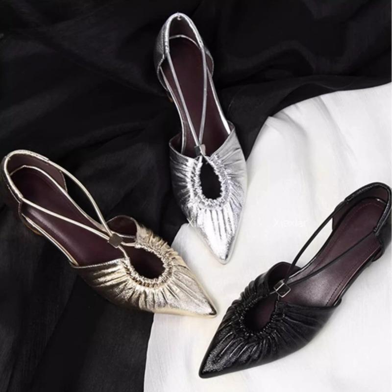 Fashion Summer Temperament Single Shoes Fashion Pointed Toe Hollow Pleated Wear Light Luxury Shallow Soft-soled Sandals