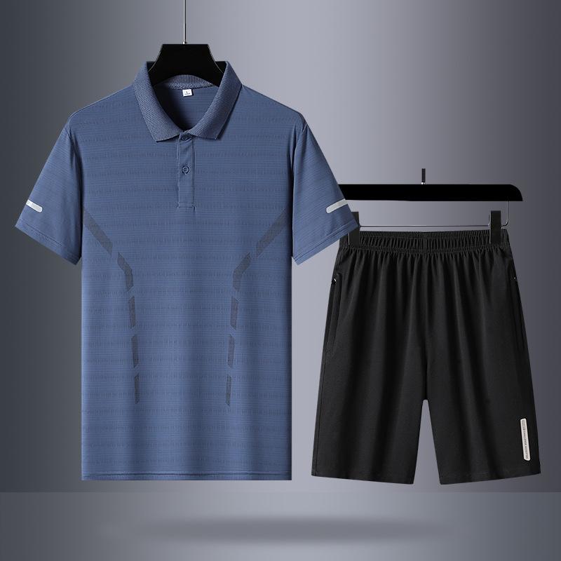 Summer Ice Silk Sports Set Men's Short Sleeve Middle Aged Leisure Two Piece Set
