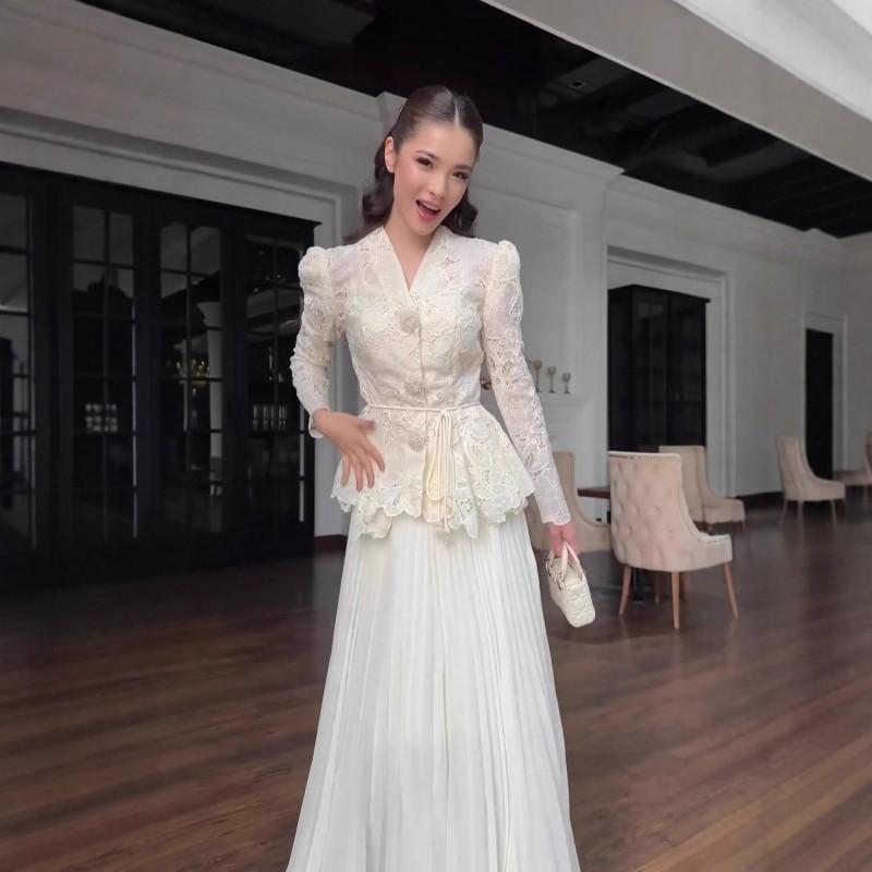 Elegant Long Sleeve Maxi Dress Set With Pleated Skirt V-Neck High Waist Cotton Blend 2025