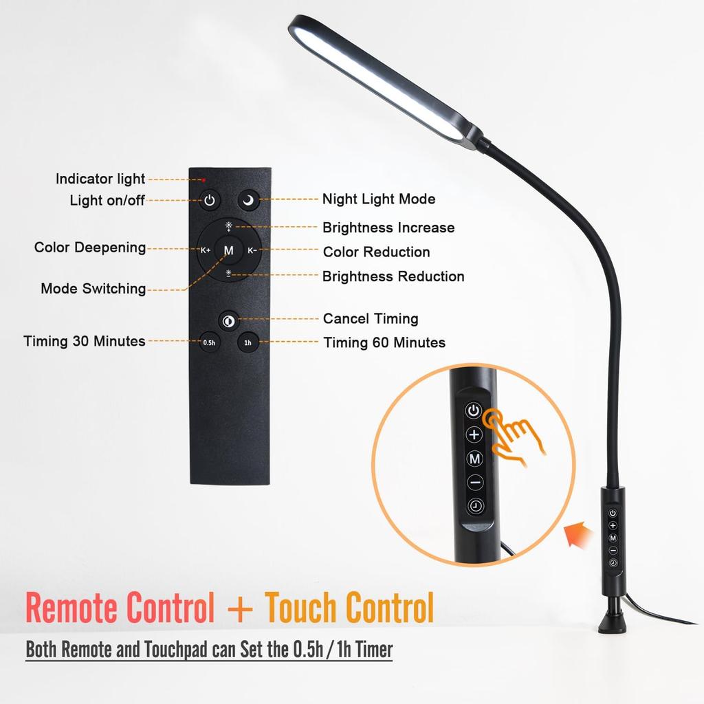 Clamp on Lamp, LED Desk Lamp, 18W, 3000 LMS, 3 Color Modes, 16 Brightness Levels, CRI>95, 0.5H/1H Timer, Eye-Caring Task Lamp with Remote for