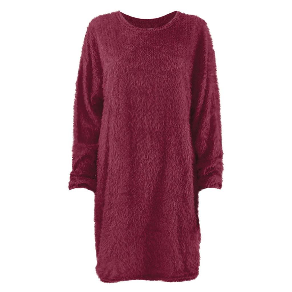 Dámské zimní svetr úplet s vroubkovaným výstřihem teplý dlouhý rukáv ležérní mikiny šaty