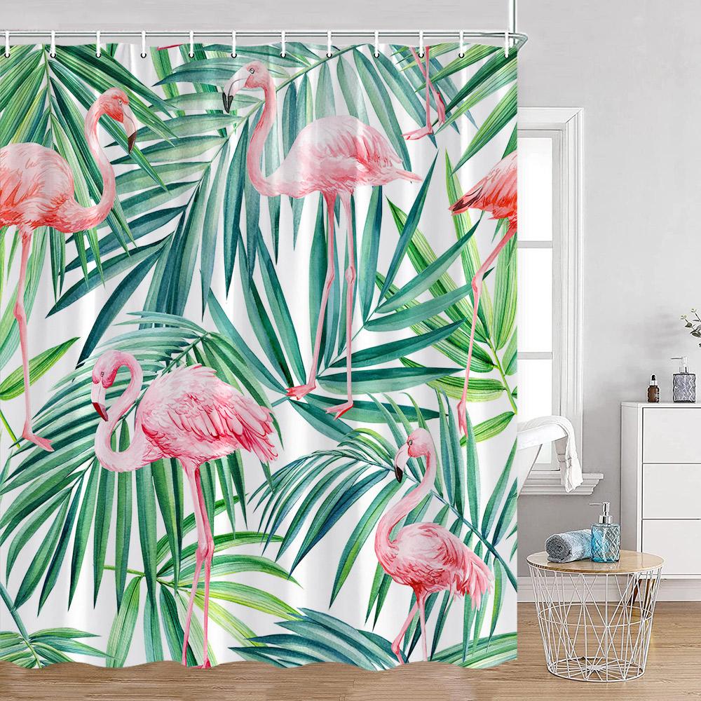 Flamingos Shower Curtains Tropical Leaves Pink Birds Green Plants Bathroom Curtain Polyester Fabric Home Decorations with Hooks