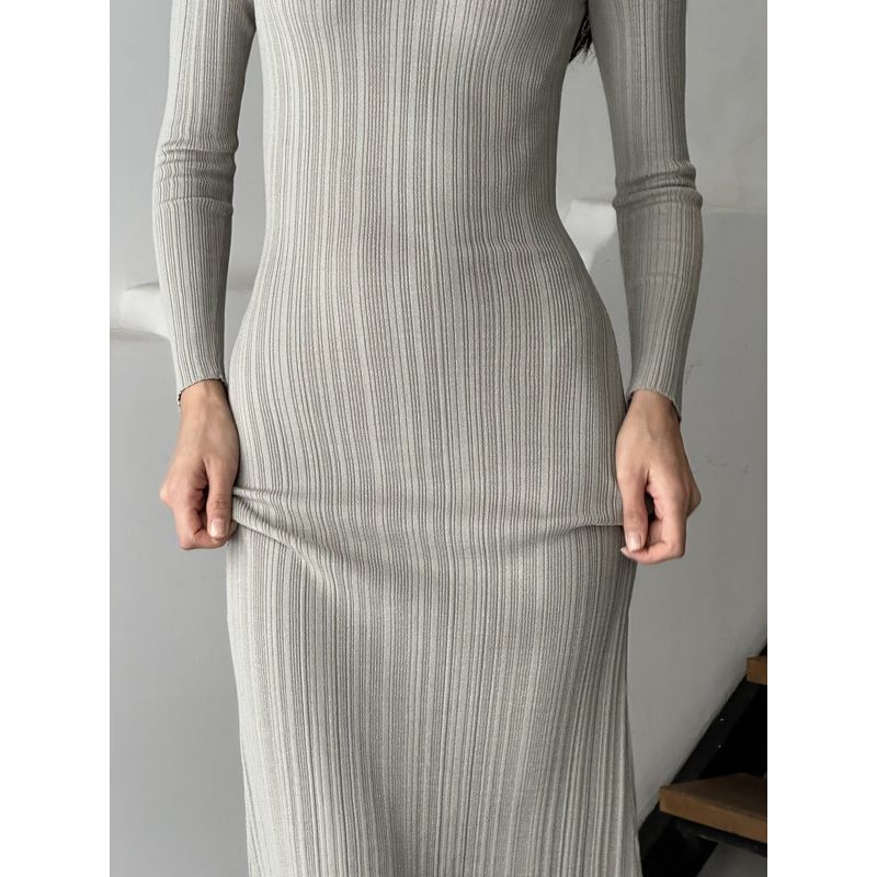 

Women Elegant Dress Fashion Slim Looking Nightclub Party Long Sleeves Knitting Dress Waist-Slimming Long Dress Female Gray L