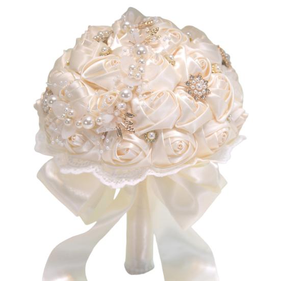 Lightweight Handheld Wedding Flowers Artificial Silk Rose Bridal Bouquet with Chiffon Ribbon, Toss for Ceremony, Vintage Style Floral Keepsake