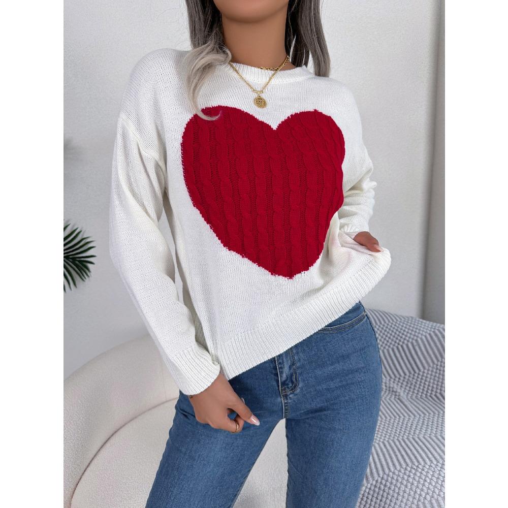 Women's Sweatshirt Autumn/Winter Cable-Knit Heart-Pattern Long-Sleeved Pullover Valentine's Day Ladies' Knitwear