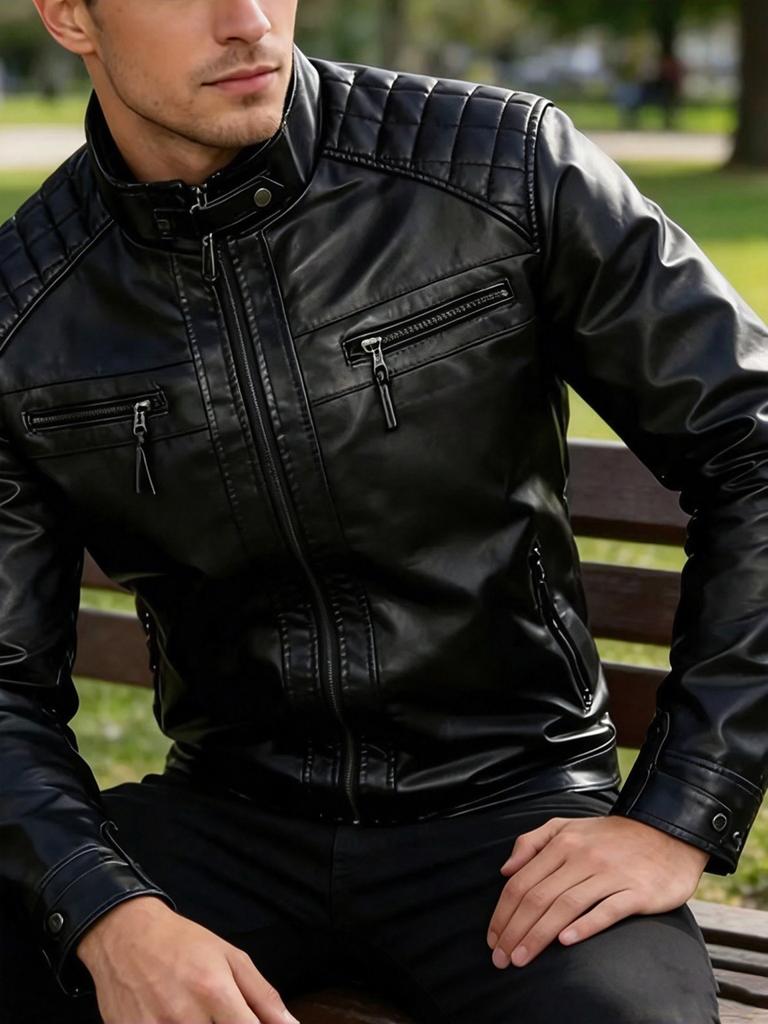 New men's stand-up collar PU leather jacket motorcycle jacket slim casual jacket trendy leather jacket