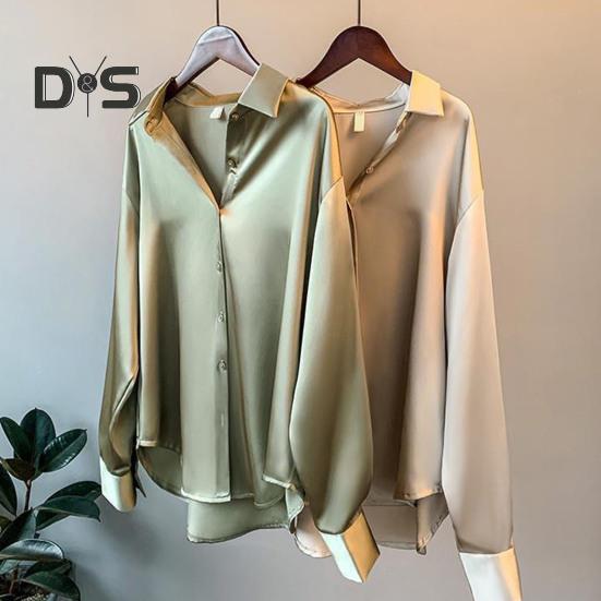 Damen-Hemd mit Revers, langärmelig, einreihig, Oberteile, einfarbig, glatter Satin, lockere Passform, vielseitiges Hemd