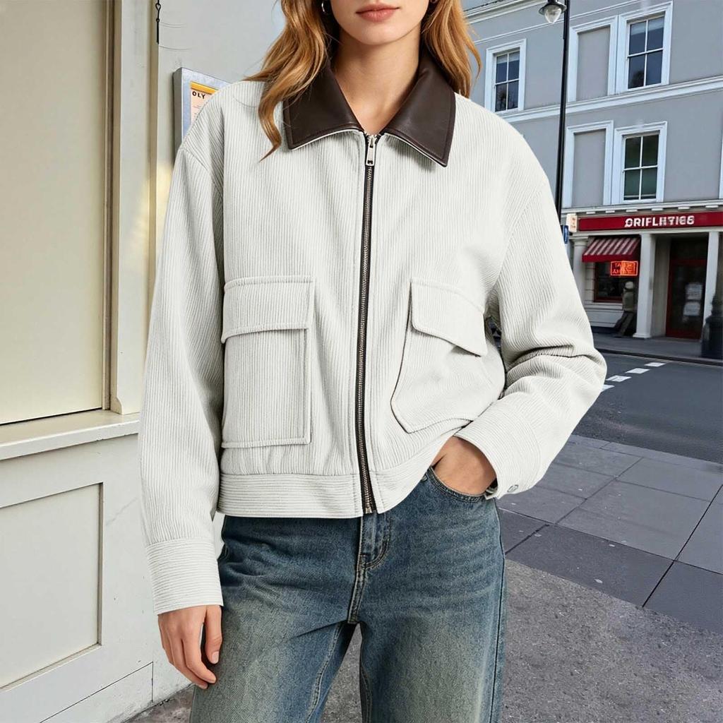 Women Corduroy Jacket with Faux Leather Collar Full Zip Front Long Sleeve Casual Outerwear with Front Flap Pockets
