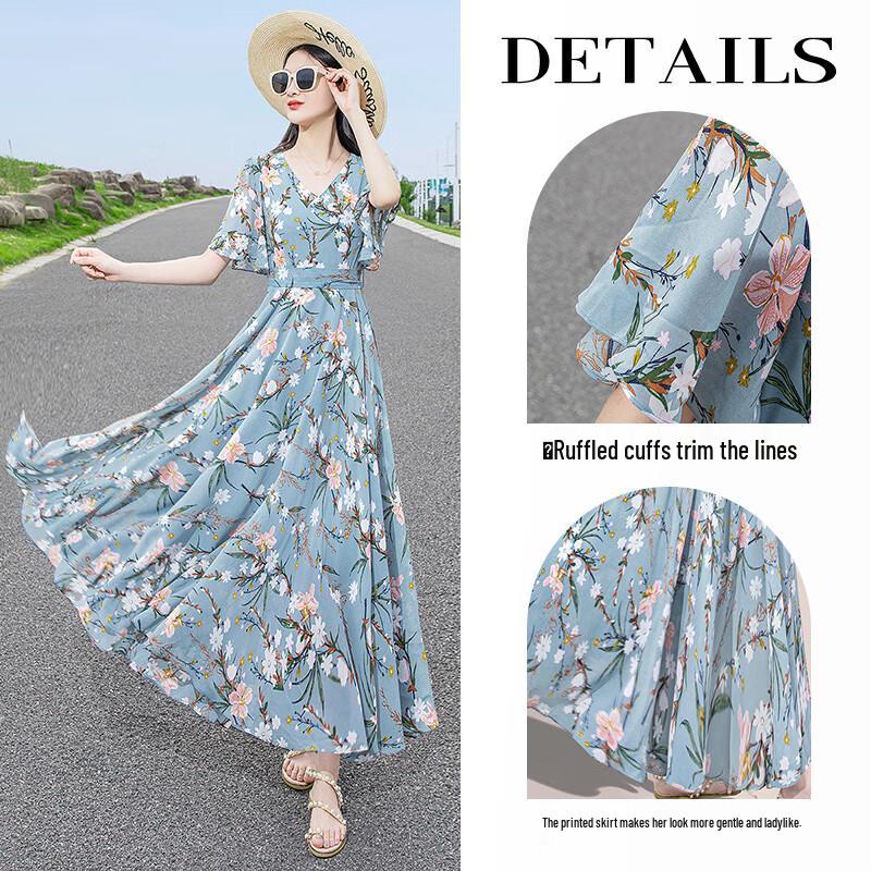Damen V-Ausschnitt Rüschenärmel A-Linie Geblümt Strandkleid