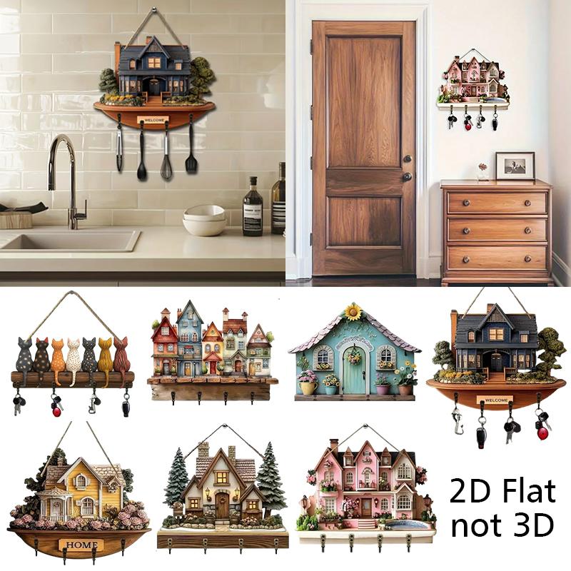 DIY Storage Hooks Moving Gift Painted Patterns Room Decor 2D Flat Exquisite Wall Hangings Home Storage Wooden Cute 30x23cm