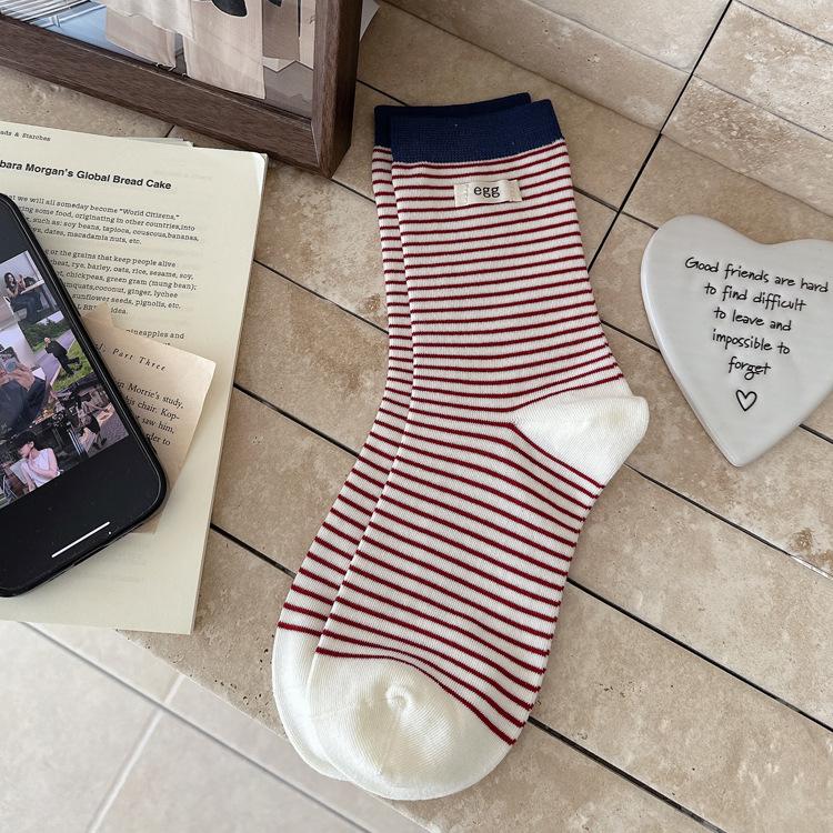 

Женские весенне-осенние новые носки-трубы из чистого хлопка контрастной расцветки в полоску с тканой этикеткой 1 pair красный/белый