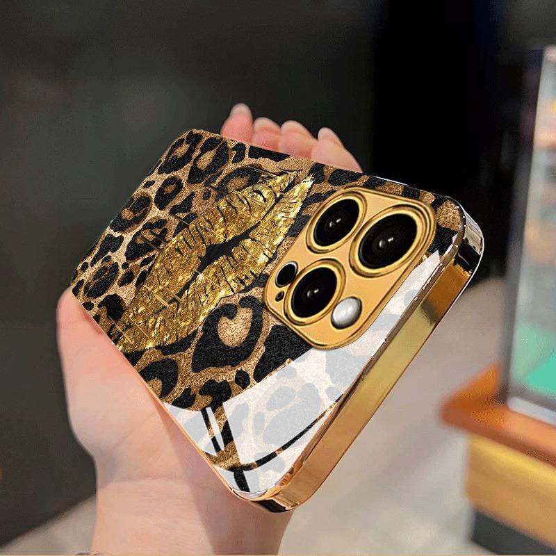 Gold Lip Leopard Print Gold Metallic Paint Glass Phone Case For iPhone 11 12 13 14 15 16 17 Pro Max 15 14 Plus 17 Air 16E Cover