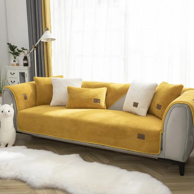 Modern Winter Solid Color Thicken Lambswool Quilted Sofa Cover Soft Plush Sofa Towel Anti-slip Couch Covers For Living Room