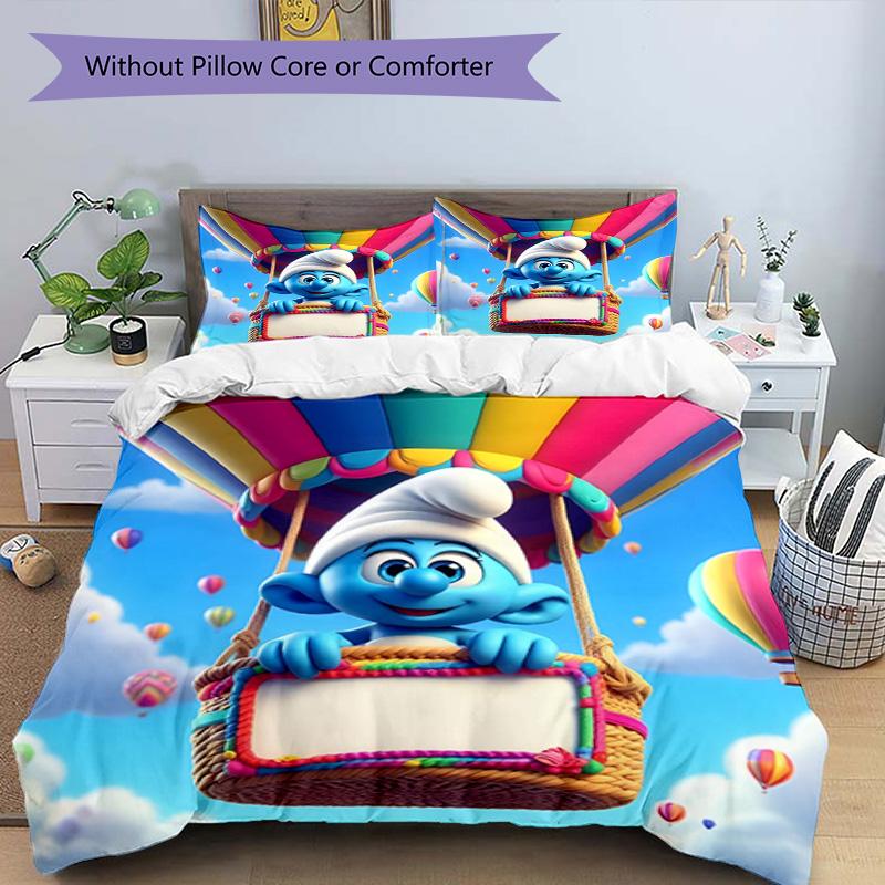 3pcs Duvet Cover Set (1*Duvet Cover + 2*Pillowcase, Without Core), Blue Smurfs Print Bedding Set, Bedroom Decor, All‑Season, Birthday Gift