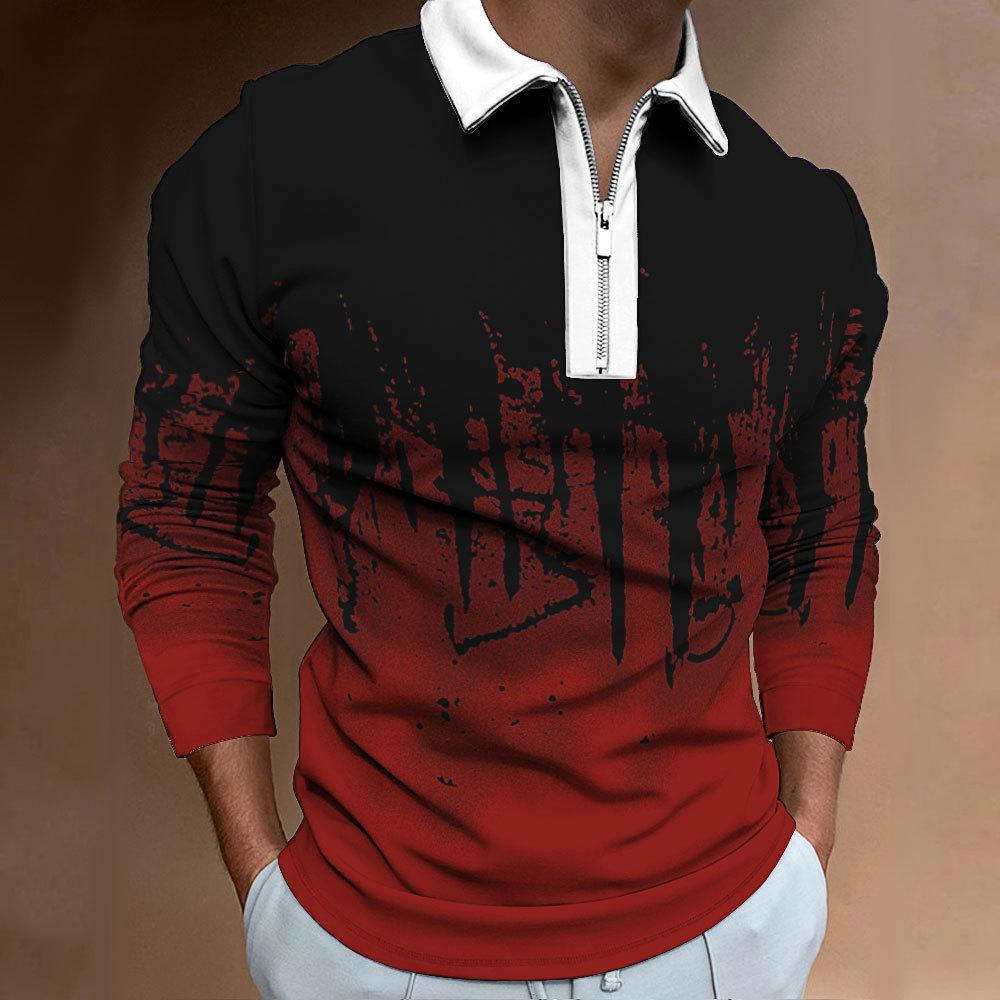 Men's Sweatshirt Zip Casual Slim Men's Stripe Digital Print Long Sleeve Polo Top