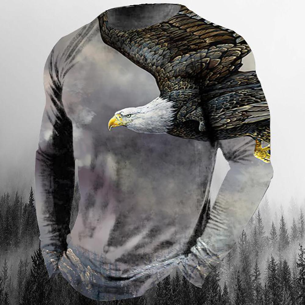 Men's Eagle Graphic Print Casual Long Sleeve T-Shirts Autumn Streetwear 3D Animal Print Hip Hop Tops